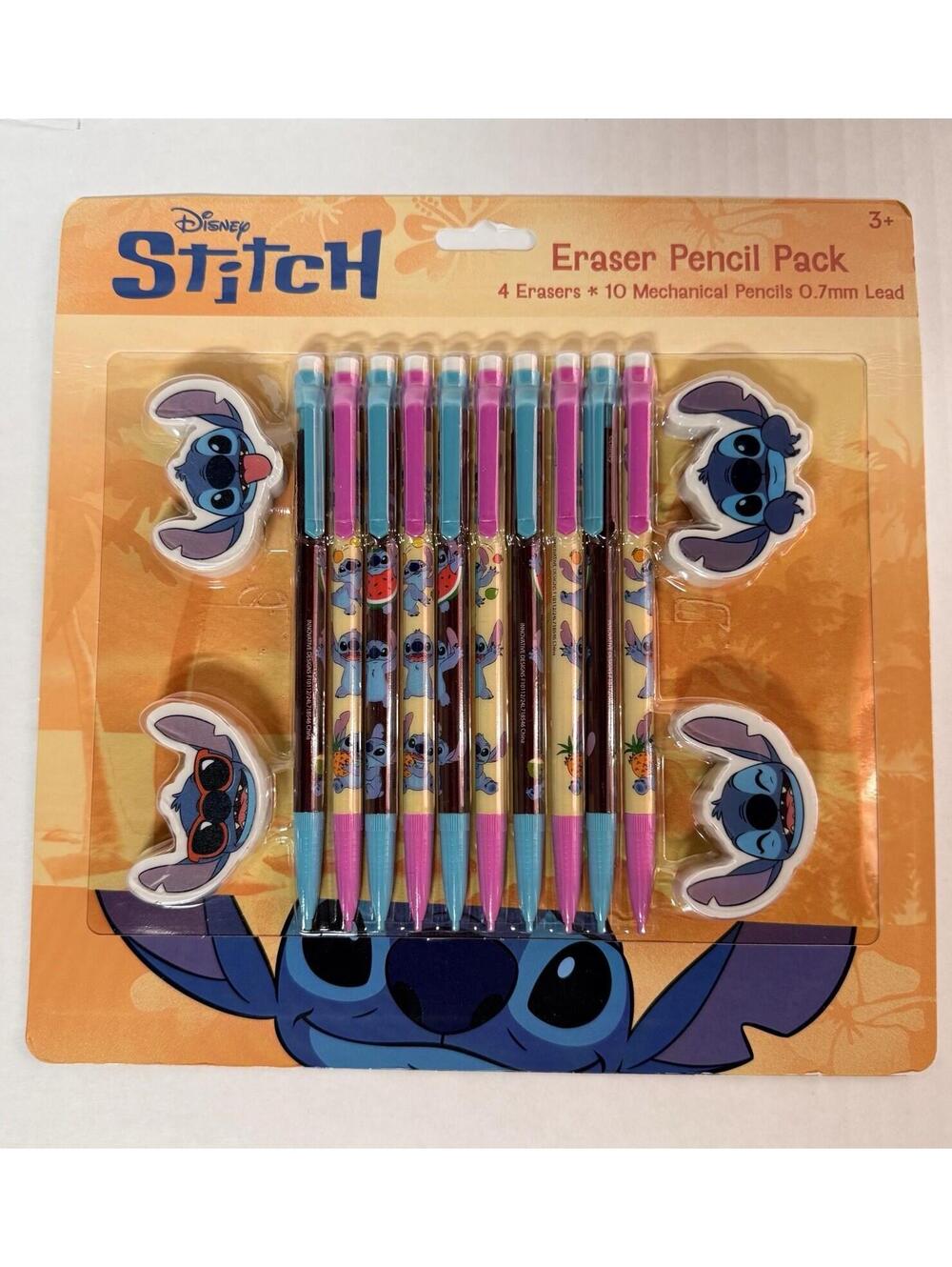 New Disney Stitch Eraser Pencil Pack 10 Mechanical Pencils 4 Shaped Erasers Set